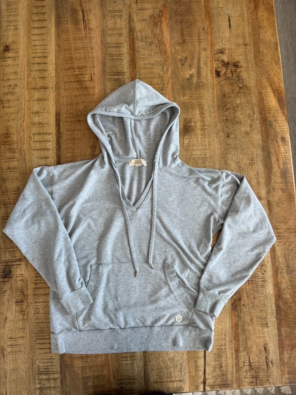 Michael Kors Women's Hoodie Size Medium Heather Gray V-Neck Pullover MK Logo